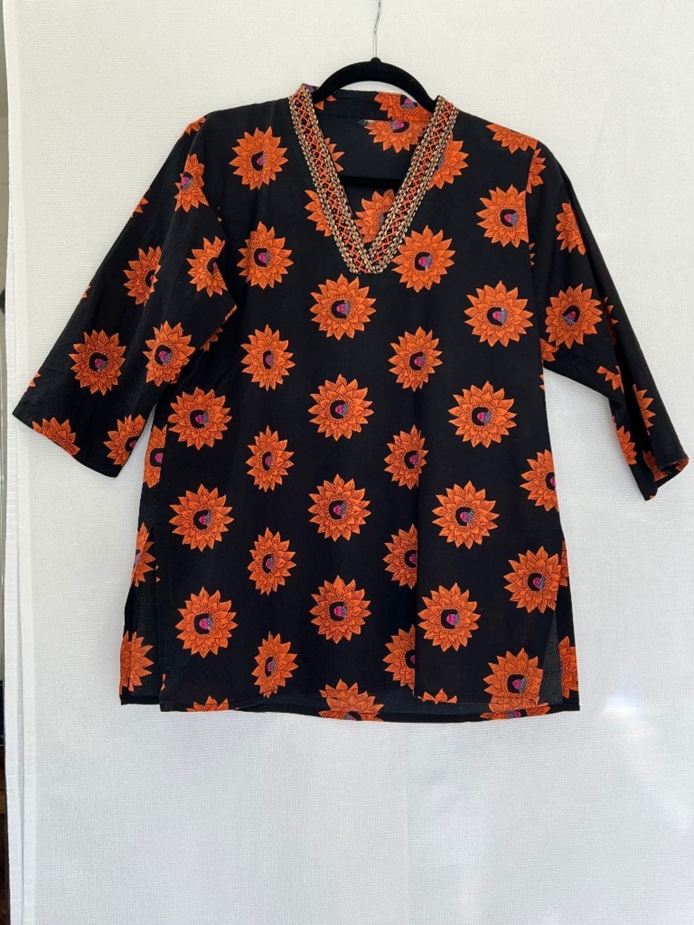 Embroidered V-Neck Sunflower Tunic Top Black Orange Boho Kurti Cotton size M/L